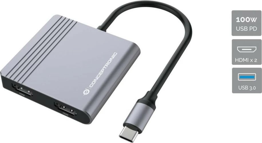 Dock Conceptronic 4-1 USB-C, 2x HDMI, USB 3.0, 100W PD, 25cm, gri