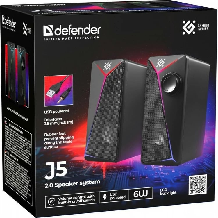 Altoparlantë kompjuteri Defender J5 2.0 6W USB/AUX me LED, të zinj