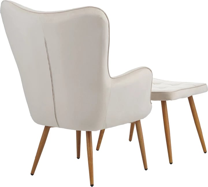 Fotel Maddison me stol këmbësh, kadife krem, këmbë natyrale, 68x72x98cm