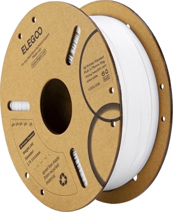 Filament PLA, Elegoo, 50.203.0039, diametër 1.75 mm ±0.02, 1 kg, e bardhë