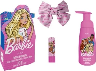 Set për trup dhe buzë Aura Barbie për vajza, 300ml + 3.8g + kapëse flokësh
