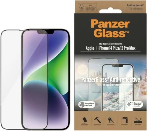 Xham mbrojtës PanzerGlass Ultra-Wide Fit me filtër kundër reflektimit dhe pozicionues për iPhone 14 Plus / 13 Pro Max