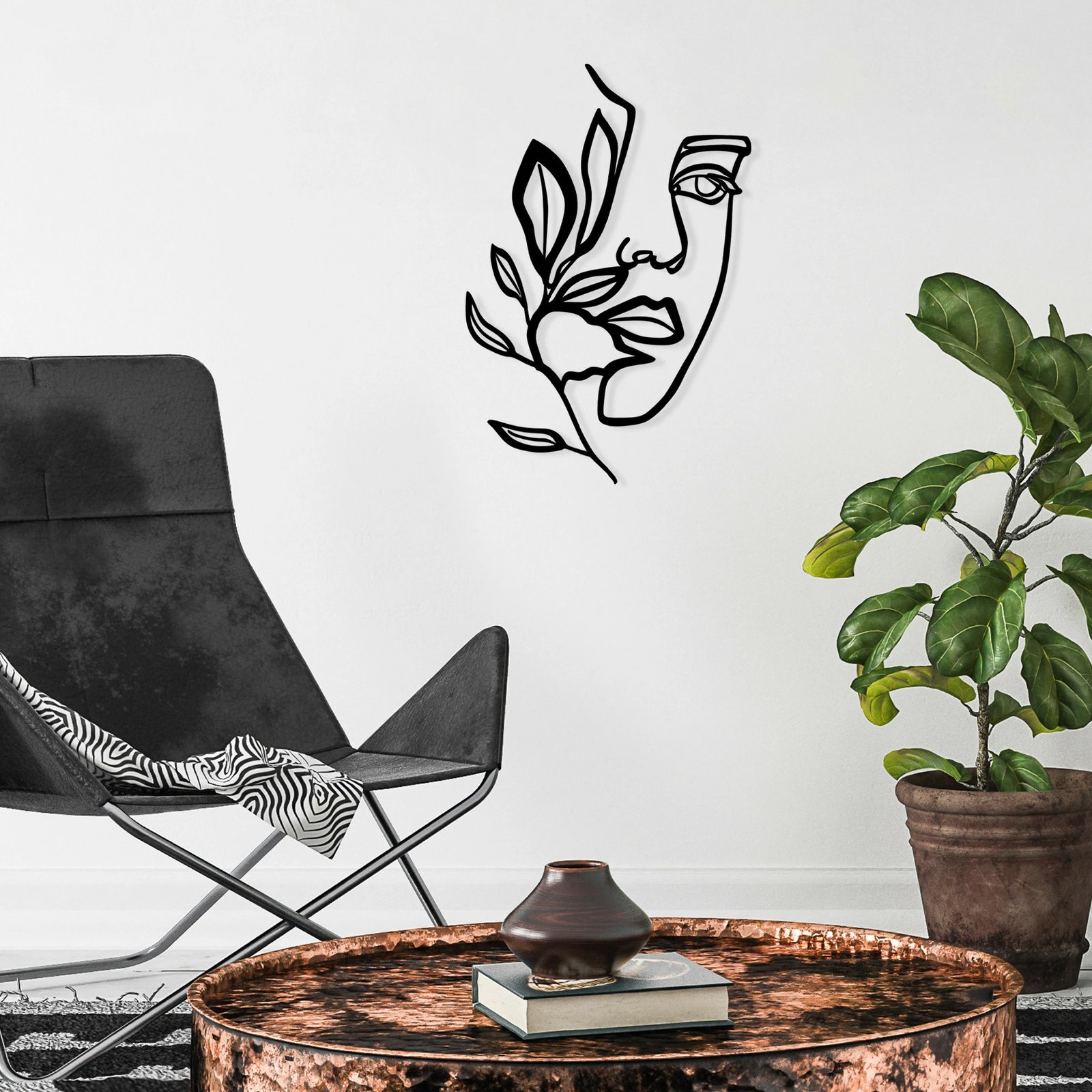 Aksesor dekorativ metalik për mur, fytyrë gruaje pas degëve, Wallity