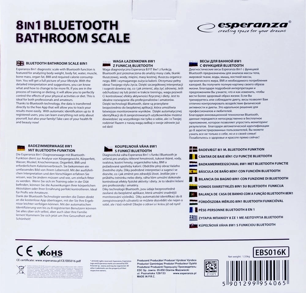 Peshore trupi diagnostike, Esperanza B.FIT EBS016K, 8-n-1, Bluetooth, deri 180 kg, 300x300 mm, 8 përdorues, e zezë