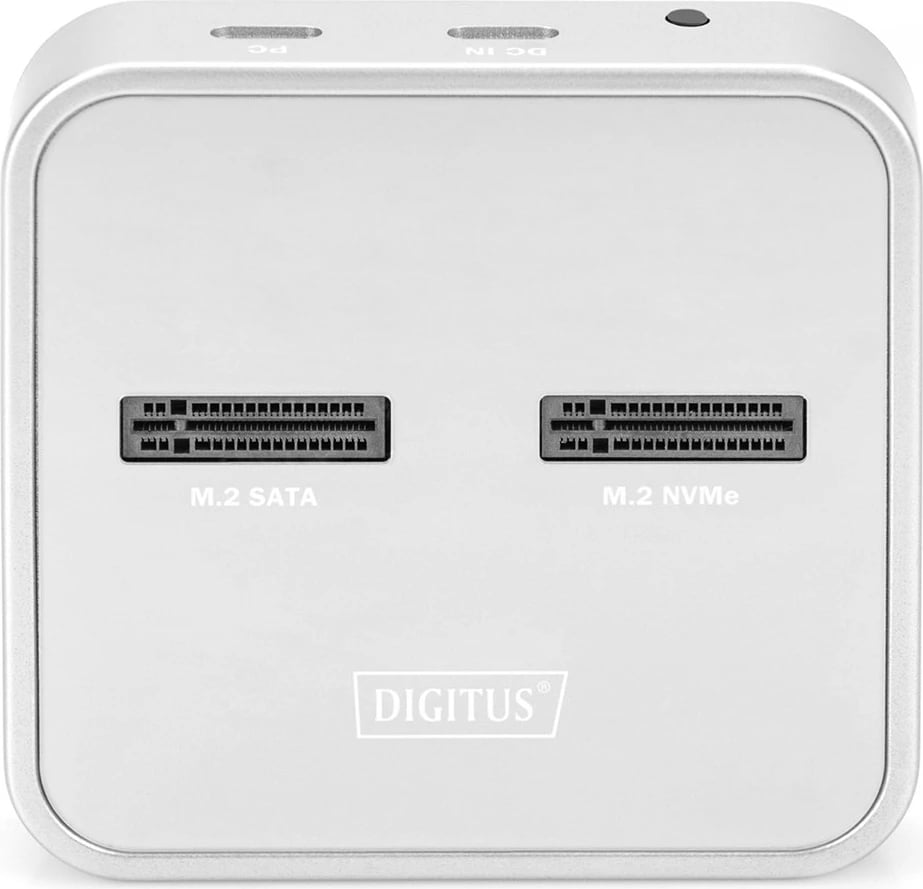 Stacion docking DIGITUS DA-71546 për M.2 NVMe + M.2 SATA SSD me lexues SD Express, USB-C, argjendtë