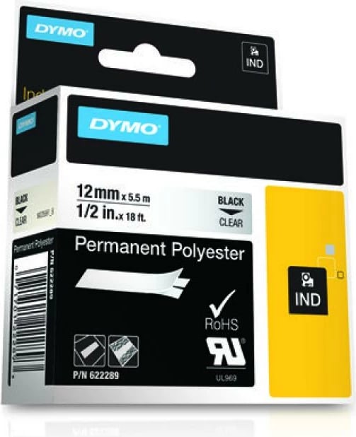 Shirit etiketime Dymo RhinoPRO Permanent Polyester 12 mm x 5.5 m (622289), e zezë në transparent