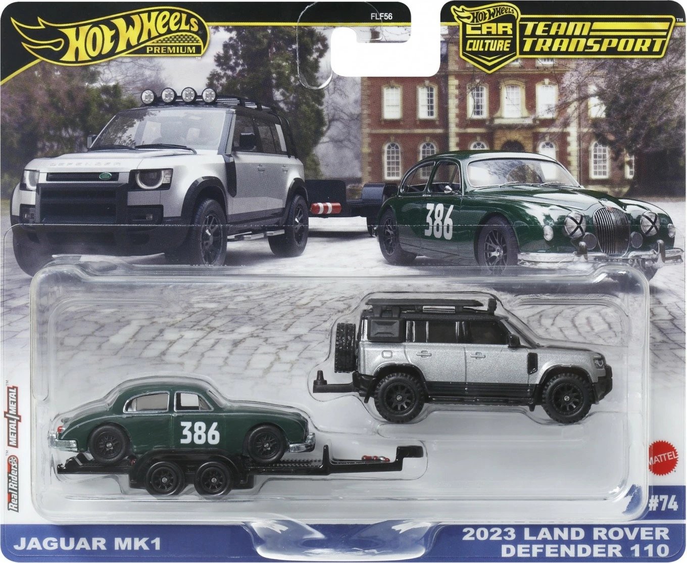 Set vetura Hot Wheels Jaguar MK1 & 2023 Land Rover Defender 110, 1:64, i zi/gjelbër/bardhë