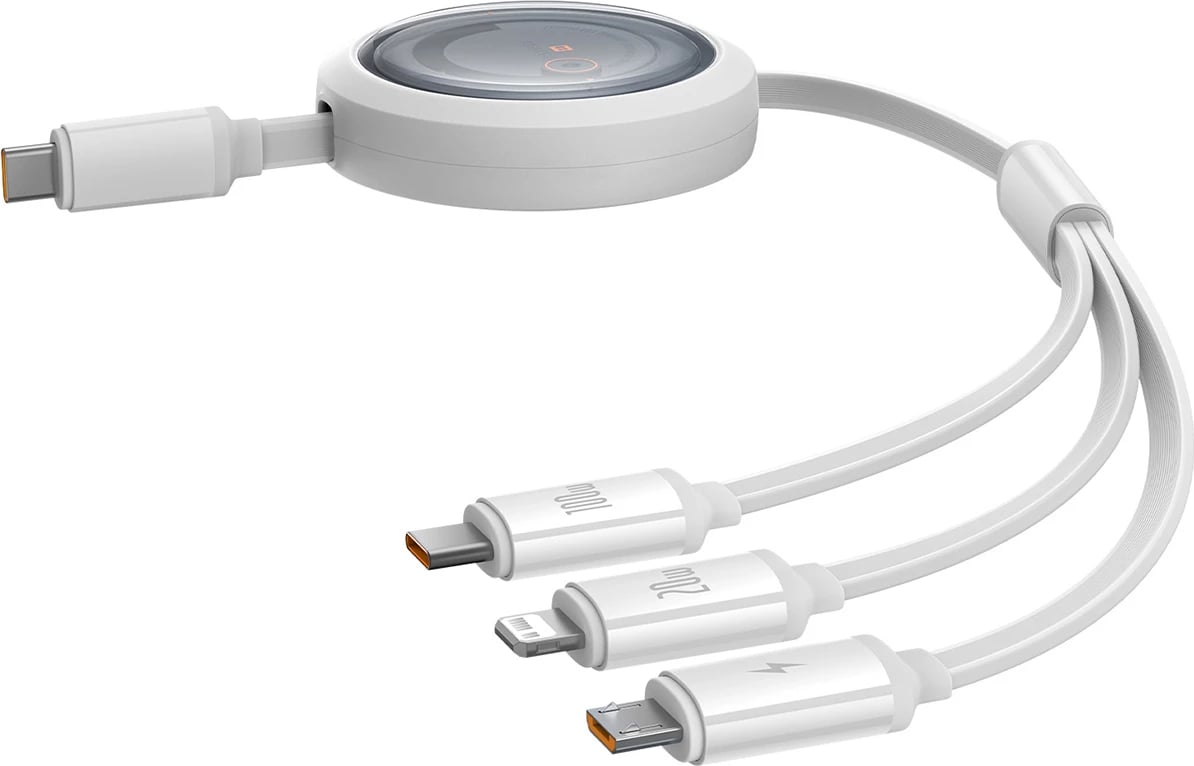 Kabllo tërheqëse Baseus Free2Draw CB000084, 1.1m, USB-C/Lightning/micro USB, 100W, Bardhë