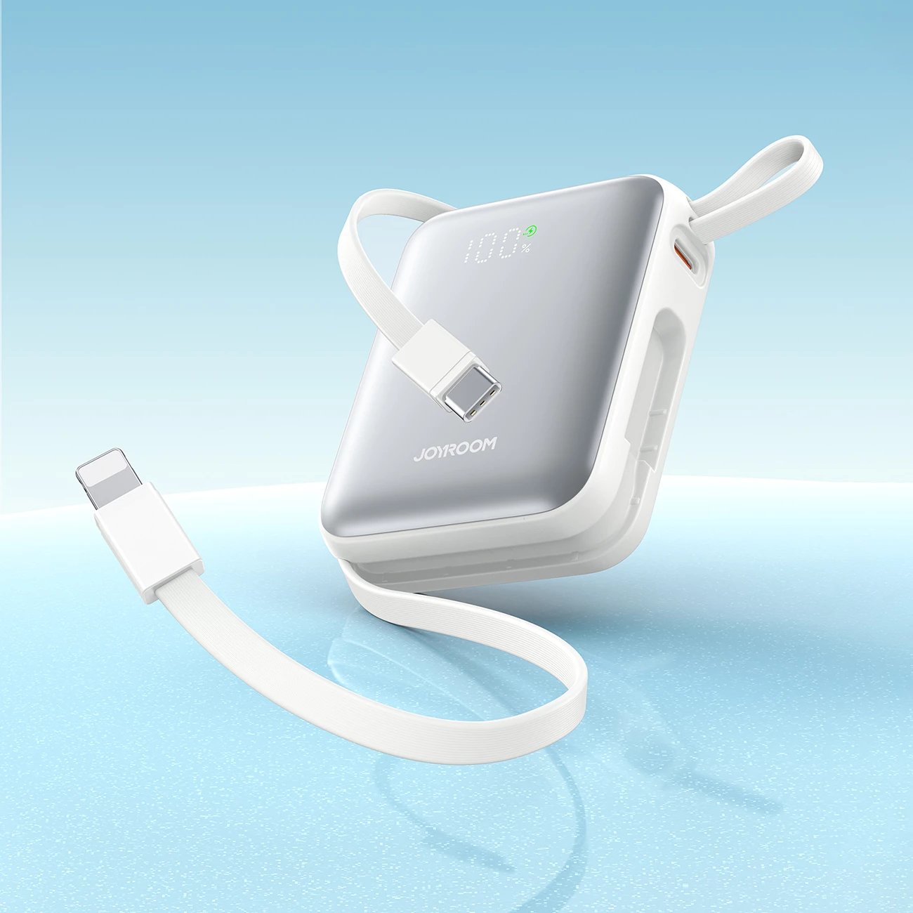 Powerbank Joyroom JR-PBF27, 10000mAh, 22.5W, me kabllo USB-C dhe Lightning të integruara, Bardhë