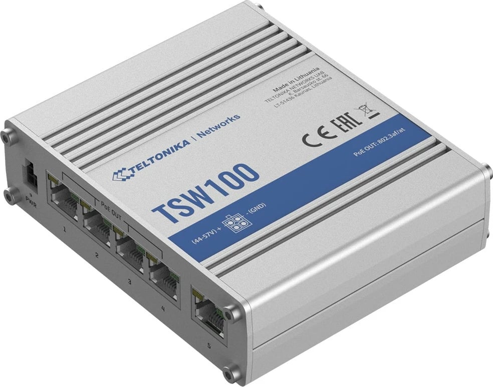 Switch industrial TELTONIKA TSW100, 5xGigabit, 4xPoE+, Desktop/Rack, Argjend