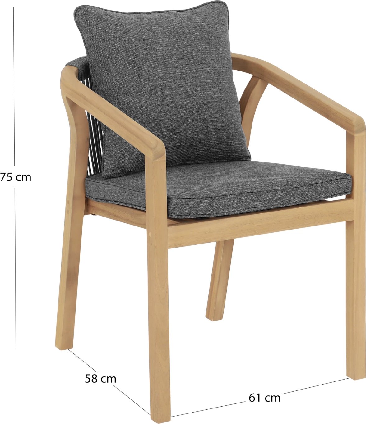 Karrige për drekë jashtë CONTREL FH6244.02, dru akacie natyrale, litar & jastëkë gri, 61x58x75cm, set prej 2 copë