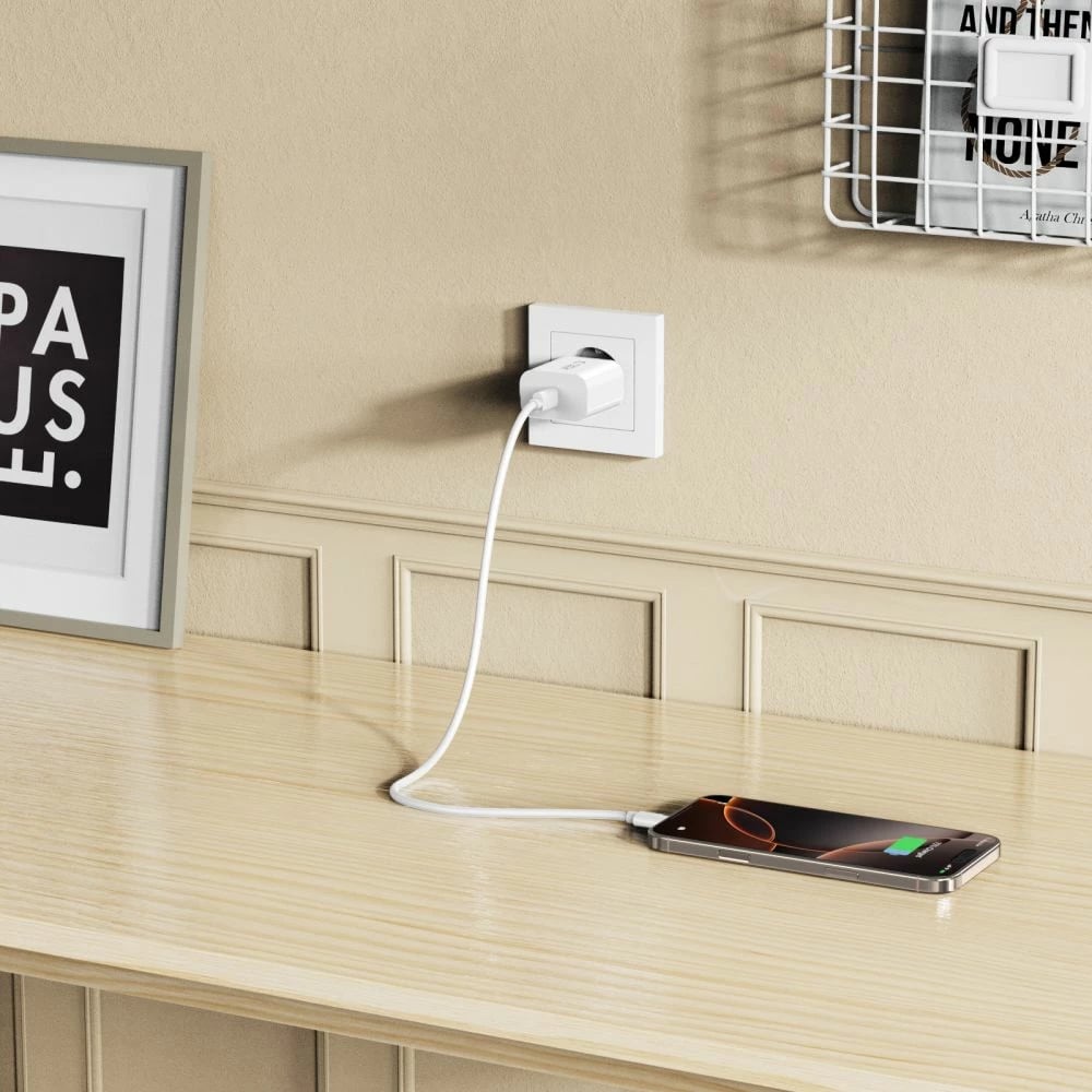 Karikues muri Tech-Protect NC20W me USB-C, 20W, me kabllo USB-C, Bardhë