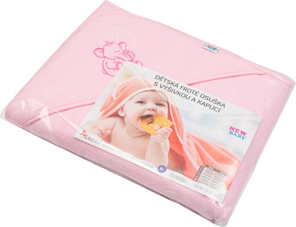 Peshqir bebe me kapuç, New Baby, me qëndisje, 100x100 cm, rozë