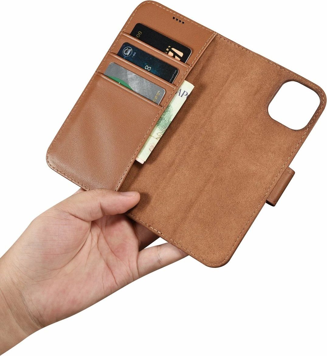 Mbështjellës iCarer Wallet 2in1 për iPhone 14 Plus, lëkurë natyrale, Anti-RFID, Kafe