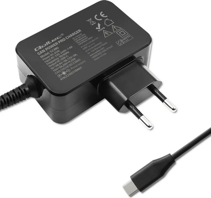Karikues muri Qoltec GaN Power Pro 52386, 65W, 1x USB-C, 1.7m, Zi