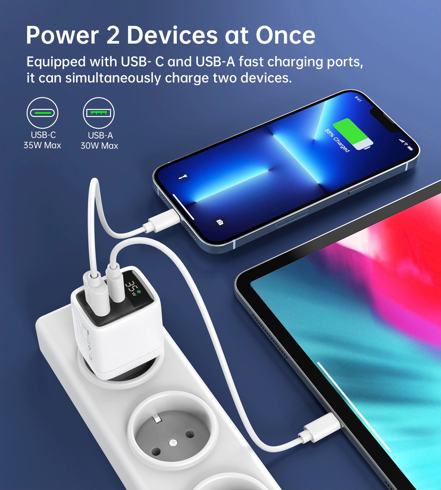 Karikues muri Choetech PD6052, 35W, USB-C & USB-A, me ekran, i bardhë