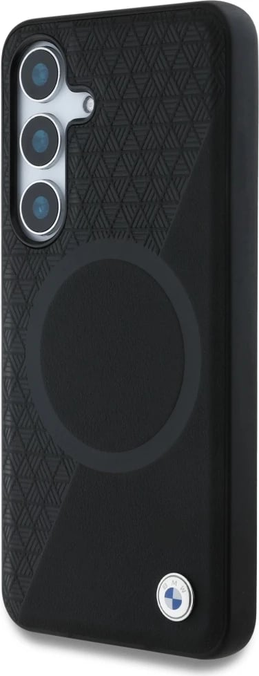 Mbështjellës BMW Leather Half Textured MagSafe për Samsung Galaxy S25, i zi