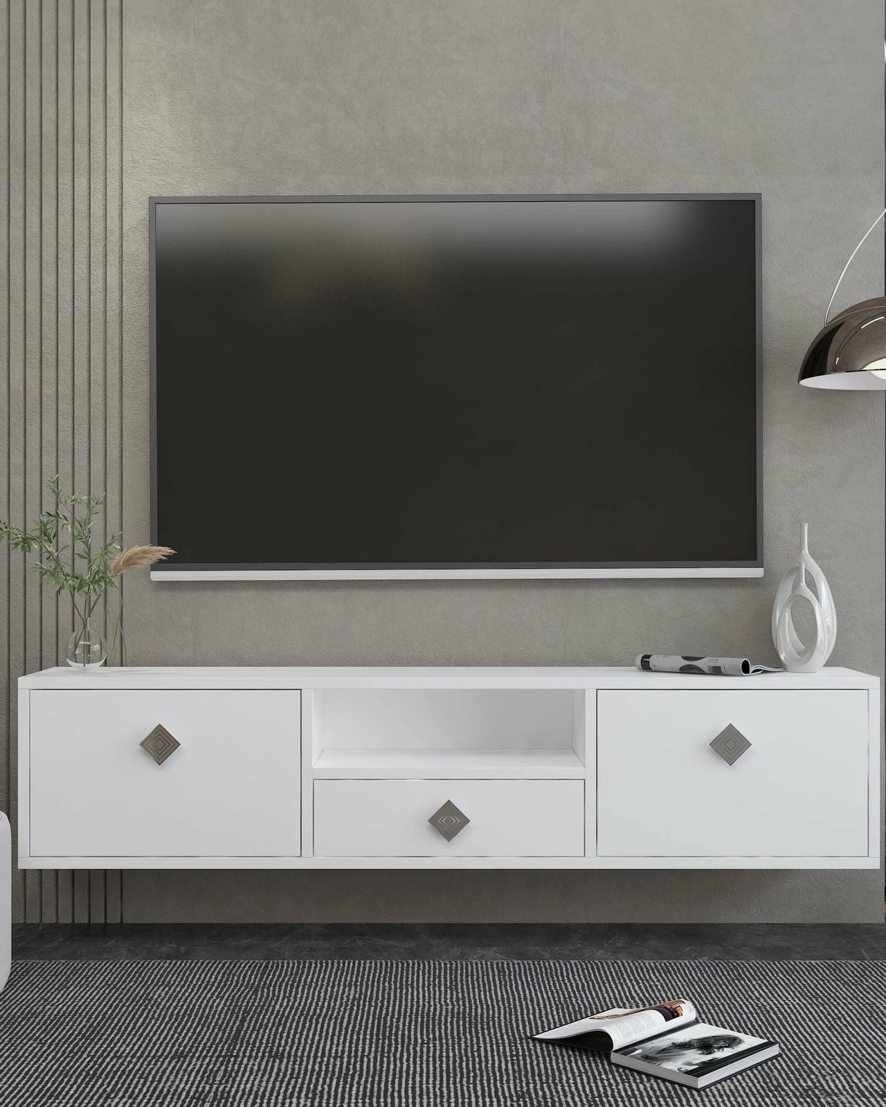 Komodë TV Skye Decor, e bardhë, argjend, 1305-DROP-1