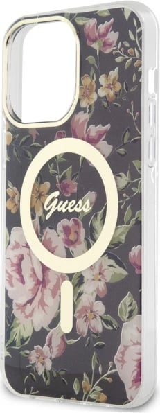 Mbështjellës Guess GUHMP14XHCFWSK për iPhone 14 Pro Max 6.7", MagSafe, lule, zi Mbështjellës Guess GUHMP14XHCFWSK për iPhone 14 Pro Max 6.7", MagSafe, lule, zi