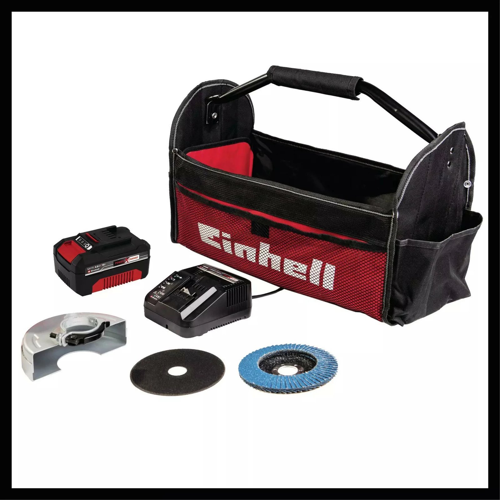 Brushe këndore Einhell TE-AG 18/115 Li, 18V, 2.5Ah, 8500 RPM, pa kabllo, zi/kuqe/argjend