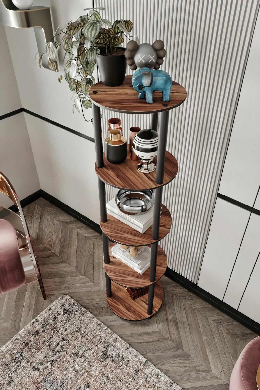 Raft librash Skye Decor, 5 nivele, i rrumbullakët, ngjyrë arre