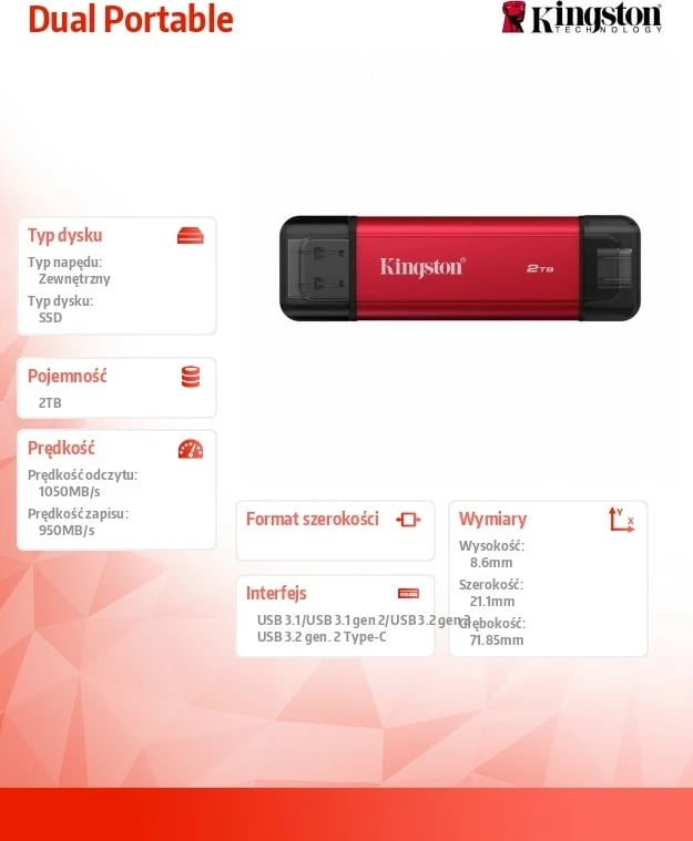 SSD i jashtëm Kingston Dual Portable 2TB USB 3.2 Gen 2 USB-A/USB-C kuqe/zi