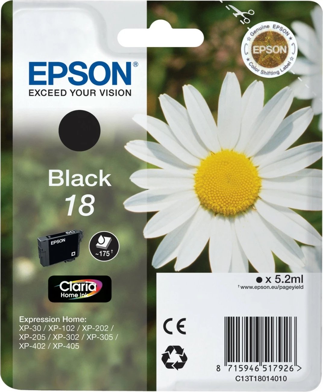 Kartrixh Epson Daisy Singlepack Black 18, Ngjyrë e zezë foto, Ngjyrë bazë boje