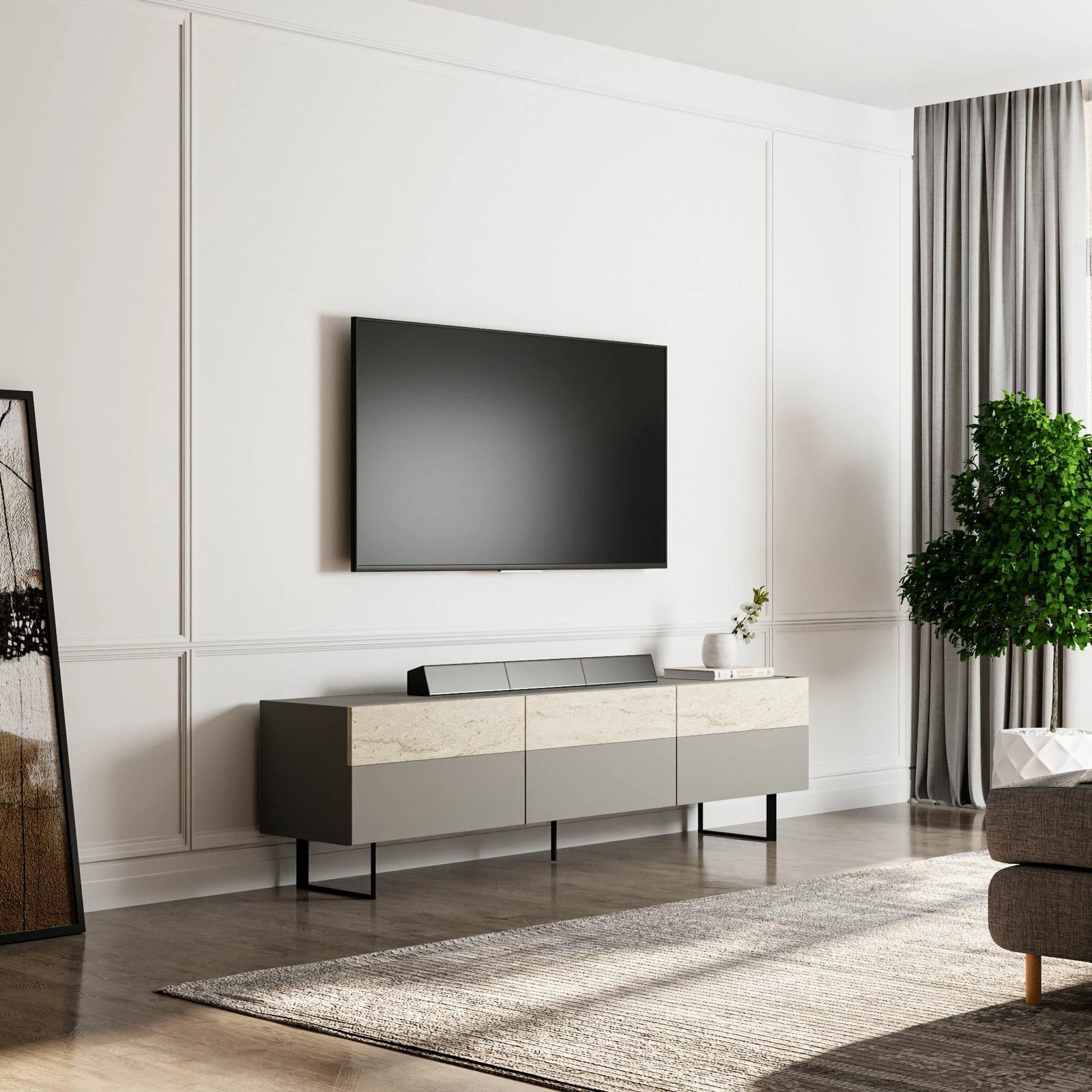 Komodë TV Skye Decor, ngjyrë gri, travertin