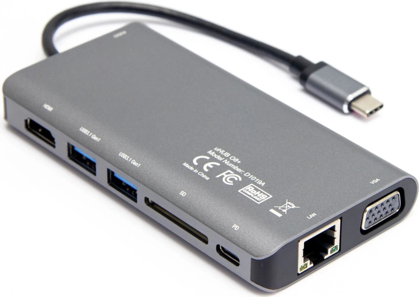 Përshtatës Hub Unitek USB-C, 8 në 1, 100W, hiri