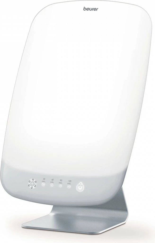 lampë dite, Beurer TL95, LED 10000 lux, sipërfaqe 30×37 cm, timer 30/60/90/120 min, e bardhë/argjendtë