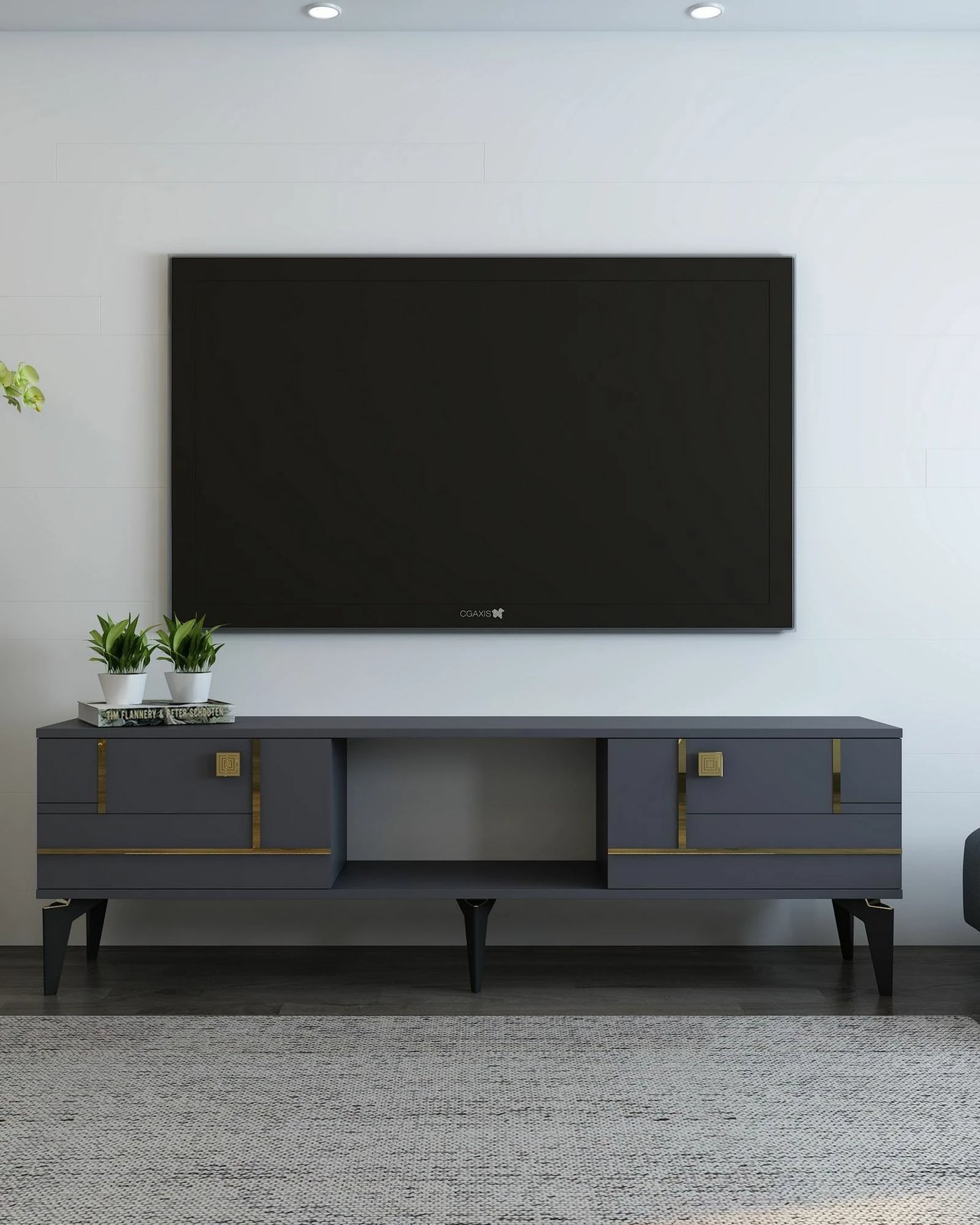 Komodë TV Skye Decor, ngjyrë antracit, detaje ari