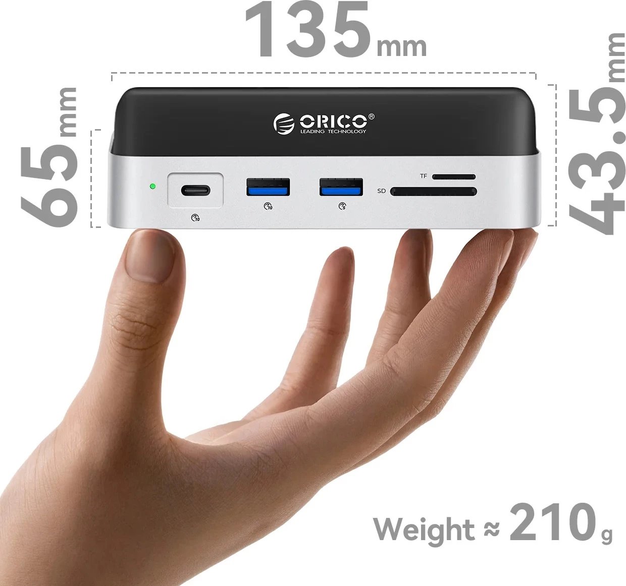 Stacion dokimi 10-në-1, Orico MiniDock, me slot M.2 deri 8 TB, HDMI 4K@60Hz, USB-C PD 100W, për Mac mini 2024, argjend
