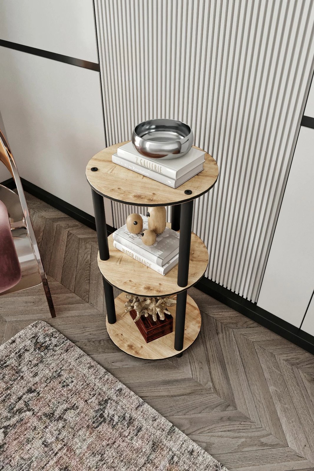 Raft librash Skye Decor, 3 nivele, i rrumbullakët, ngjyrë lisi