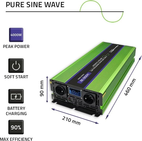 Konvertues voltazhi Qoltec Monolith 51943, 2000W/4000W, 12V në 230V, Pure Sinus, LCD, Jeshile