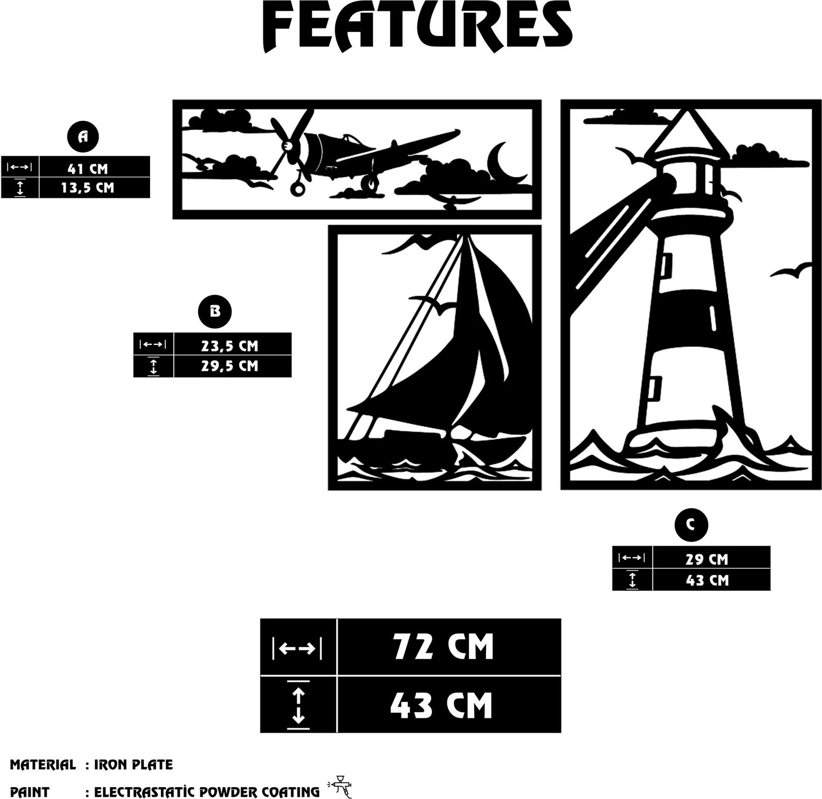 Aksesor dekorativ metalik për mur, Wallity, Abadda, ngjyrë e zezë, 72x43cm