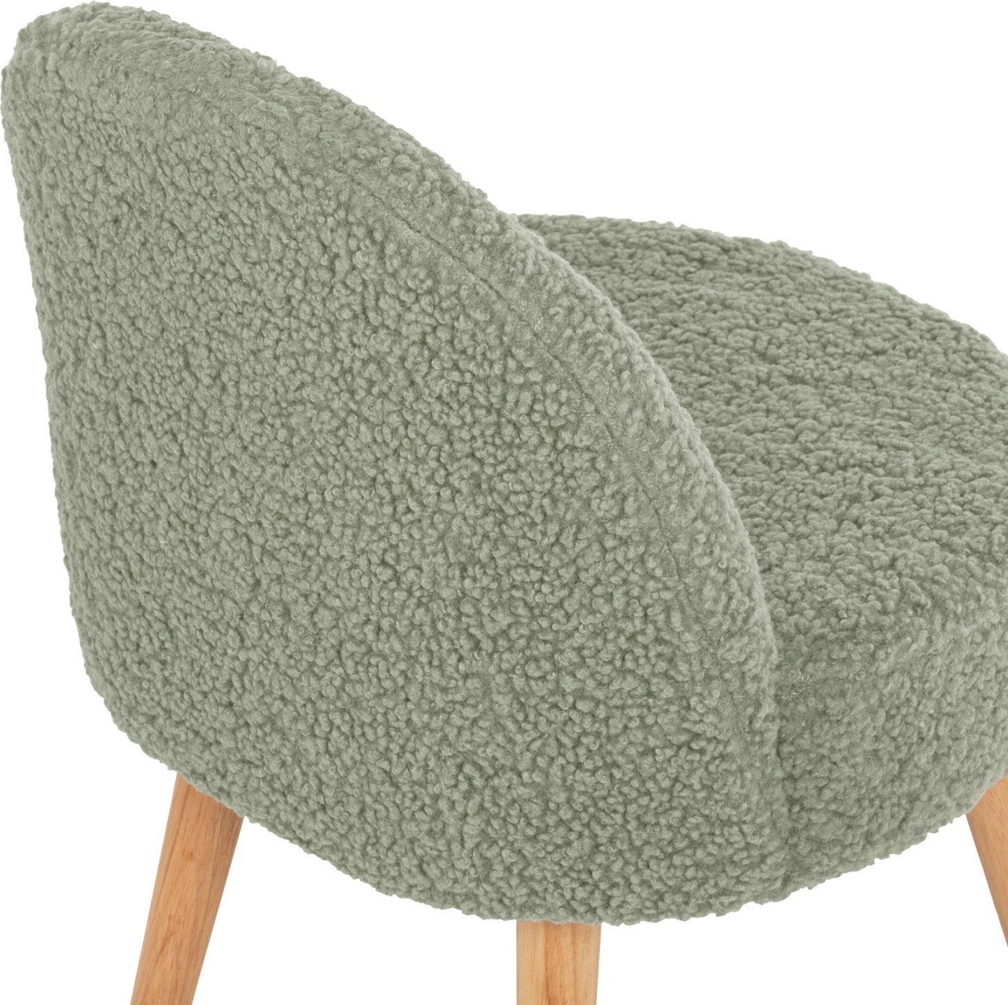 Karrige YASMINE FH8395.27 me mbështetëse të ulët, pëlhurë boucle ngjyrë fistik, këmbë druri, 47x46x64.5 cm.