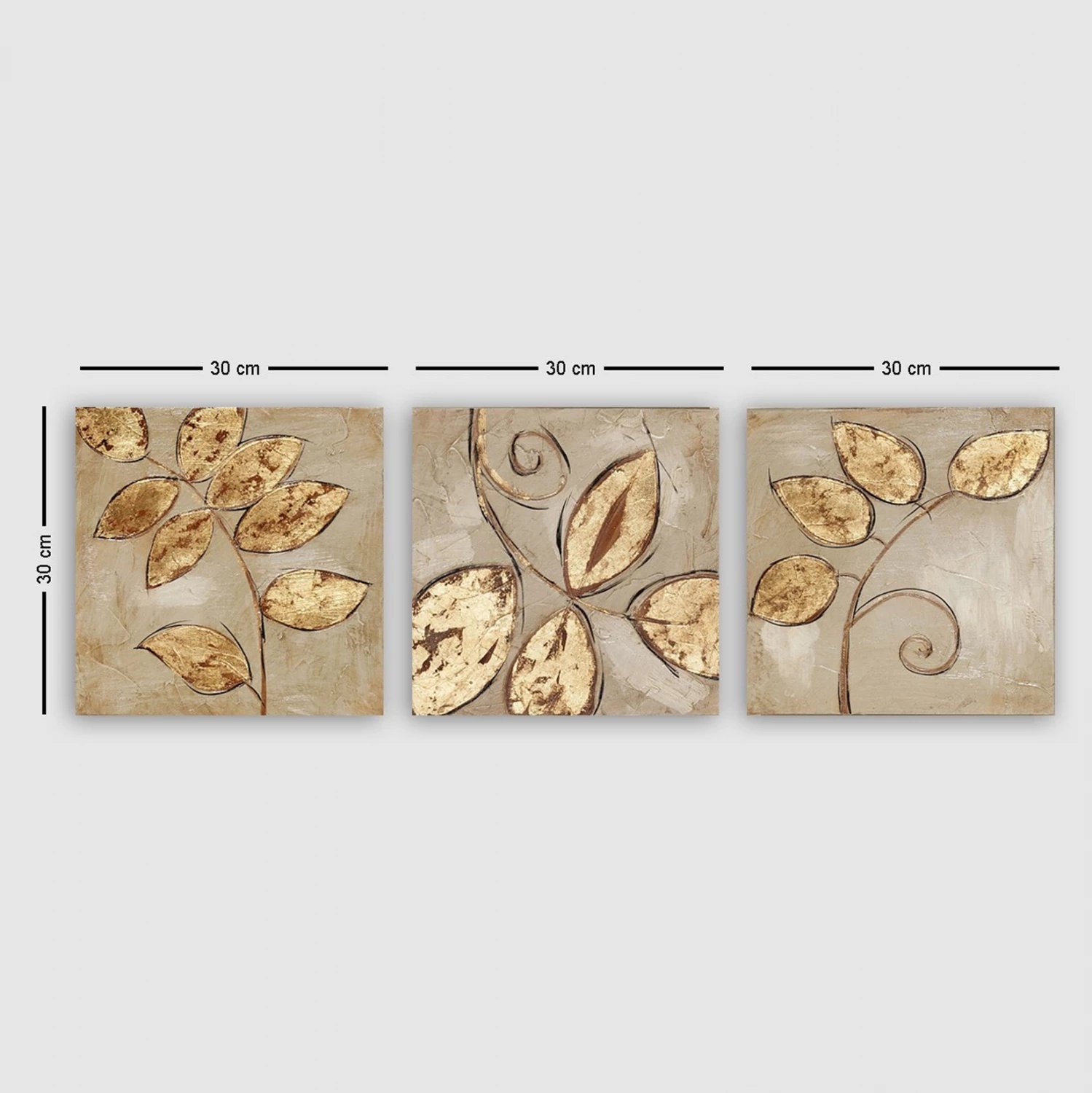 Pikturë triptik në kanavacë, gjethe të arta, FH7327, 90x3x30 cm