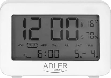 Alarm me bateri, Adler AD 1196, ekran LCD me ndriçim, 3 alarme, shfaqje temperaturë e lagështi, i bardhë