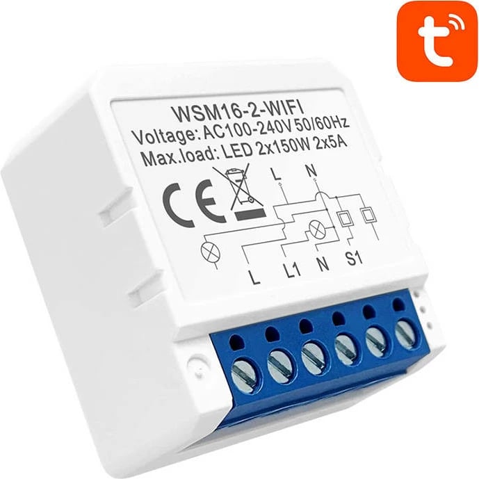 Modul Switch i mençur Wi‑Fi, Avatto, WSM16‑W2, 2‑kanalësh, Tuya/Smart Life, Alexa/Google, 100‑240V, LED 2x150W, IP20, e bardhë