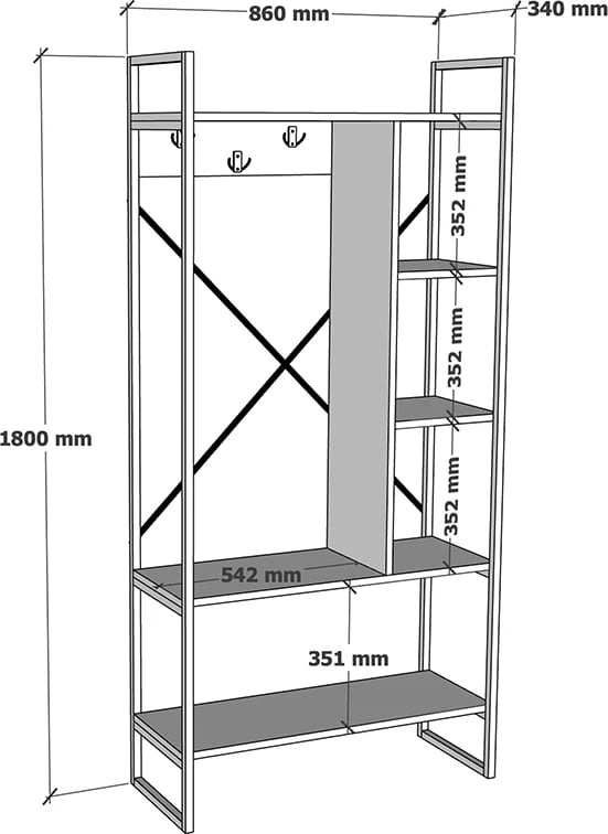 Mobilje hyrëse Feranda, rafte lisi, kornizë metalike e zezë, 88x34x180cm
