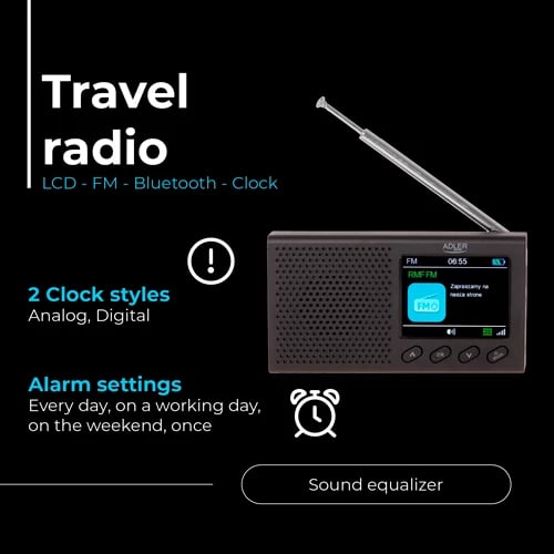 Radio portative FM, Adler AD 1198, Bluetooth 5.0, ekran LCD me ngjyra 2.4", memorie 20 stacione, bateri 1200 mAh