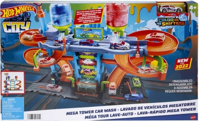 Set garazh Hot Wheels City Twisted Mega Car Wash HDP05, me makinë Color Shifters, shumëngjyrësh