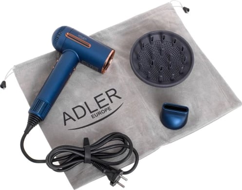 Tharëse flokësh, Adler, AD 2271 Superspeed, motor brushless 110,000 RPM, 1500W, 3 shpejtësi ajri, 6 temperatura, jonizim, ekran LED, me koncentrator magnetik, difuzor magnetik dhe çantë udhëtimi, blu