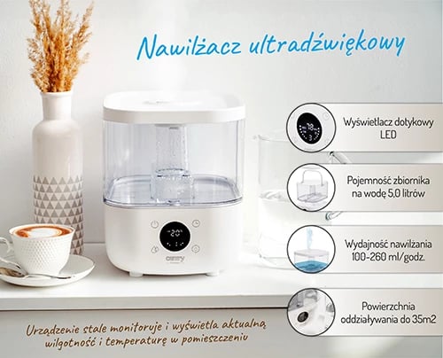 Lagështues ajri ultrasonik, Camry, CR 7973, depozitë 5L, ekran LED, aromaterapi, i bardhë