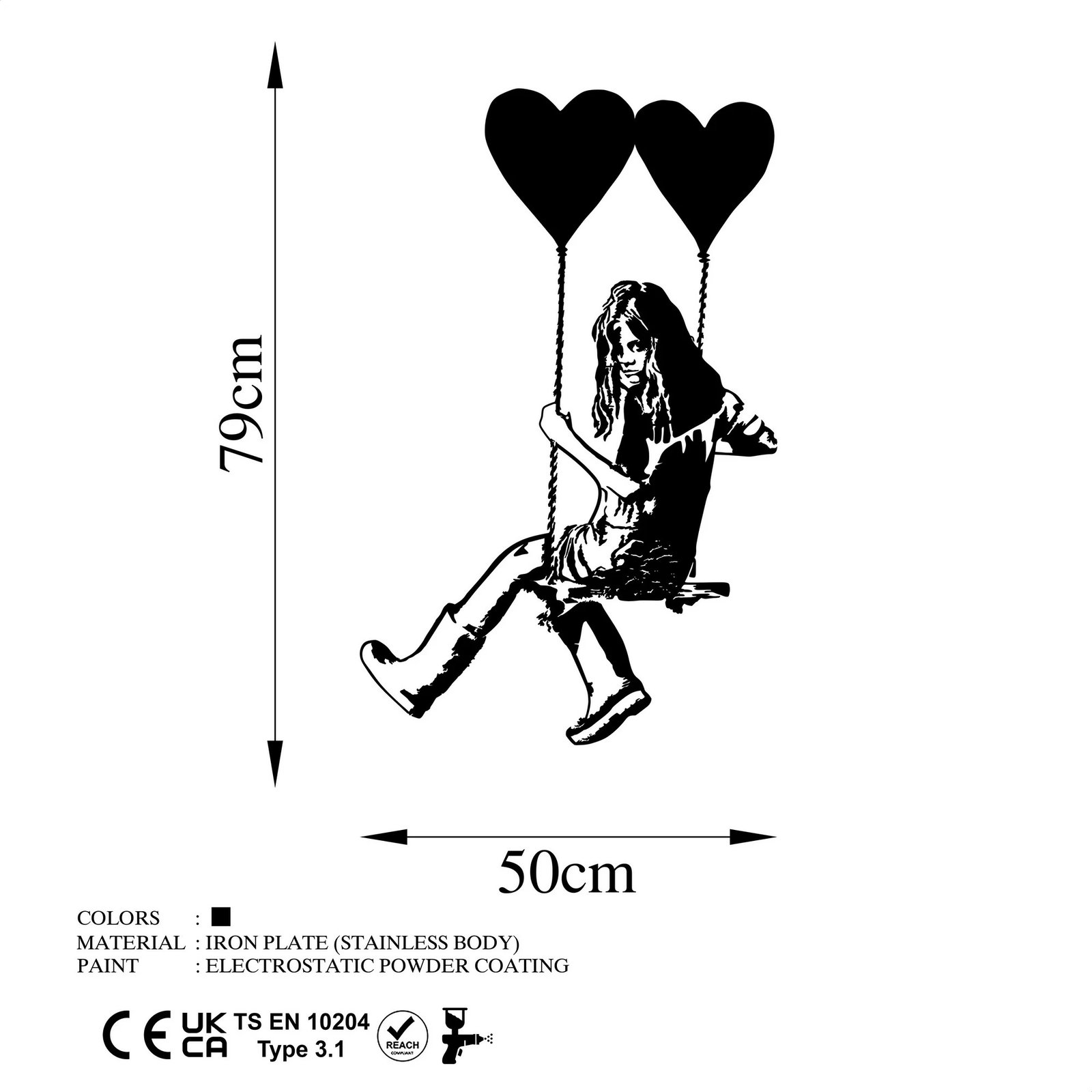 Aksesor dekorativ metalik për mur Wallity, art Banksy, ngjyrë e zezë, 50x79cm