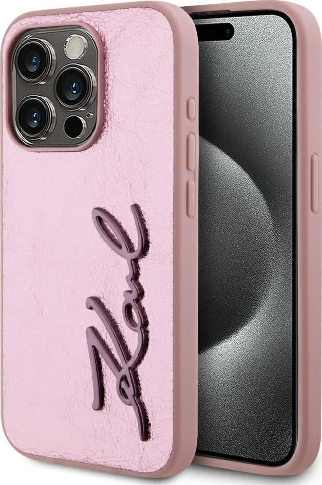 Mbështjellës Karl Lagerfeld Wrinkled Metal Signature për iPhone 15 Pro Max, Rozë