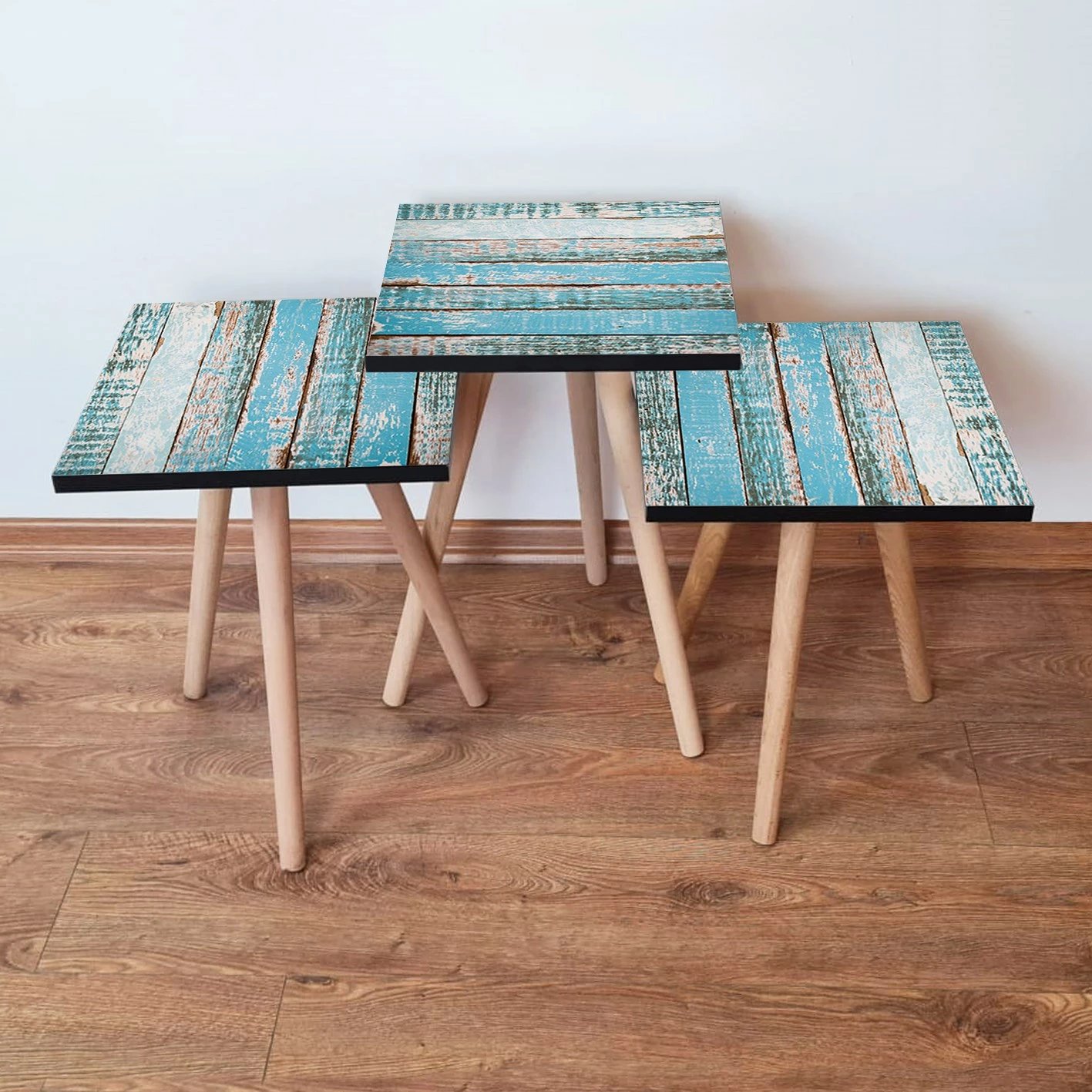 Set tavolinash ndihmëse, 3 copë, ngjyrë kaltër-bardhë, Skye Decor, 3Shp6