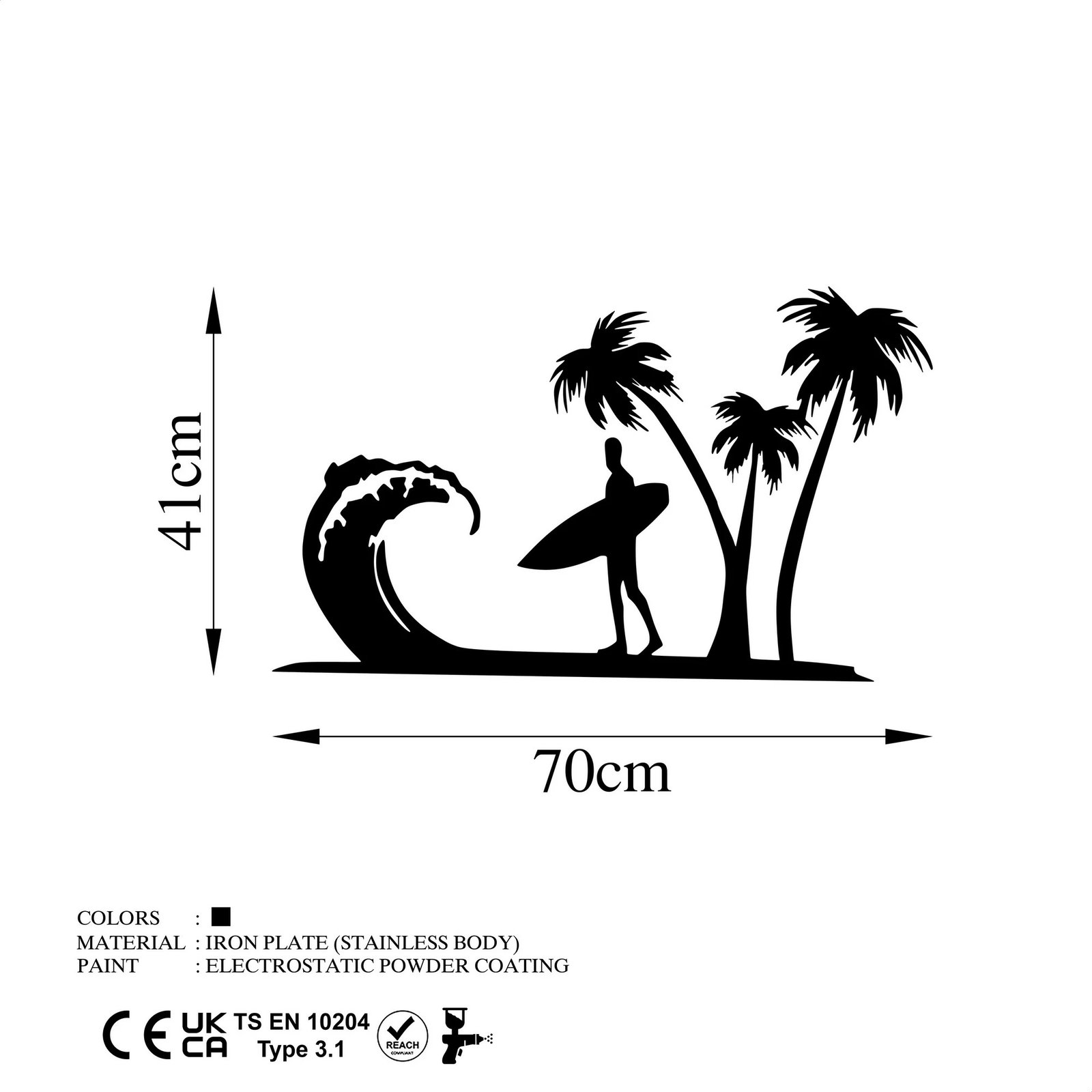 Aksesor dekorativ metalik për mur, Surfer, ngjyrë e zezë, 41x70cm