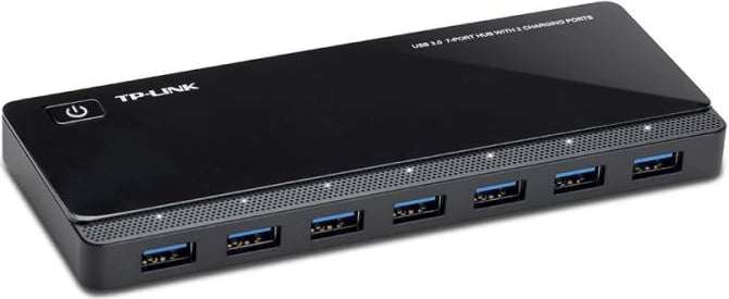 Hub USB, TP-Link UH720, 7x USB 3.0, 2 porta karikimi të shpejtë, me furnizim energjie, e zezë