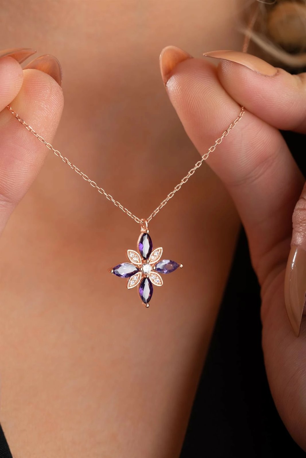 Qafore argjendi, ngjyrë rozë e artë, gurë të purpurt, Jumeon, NRZ999028